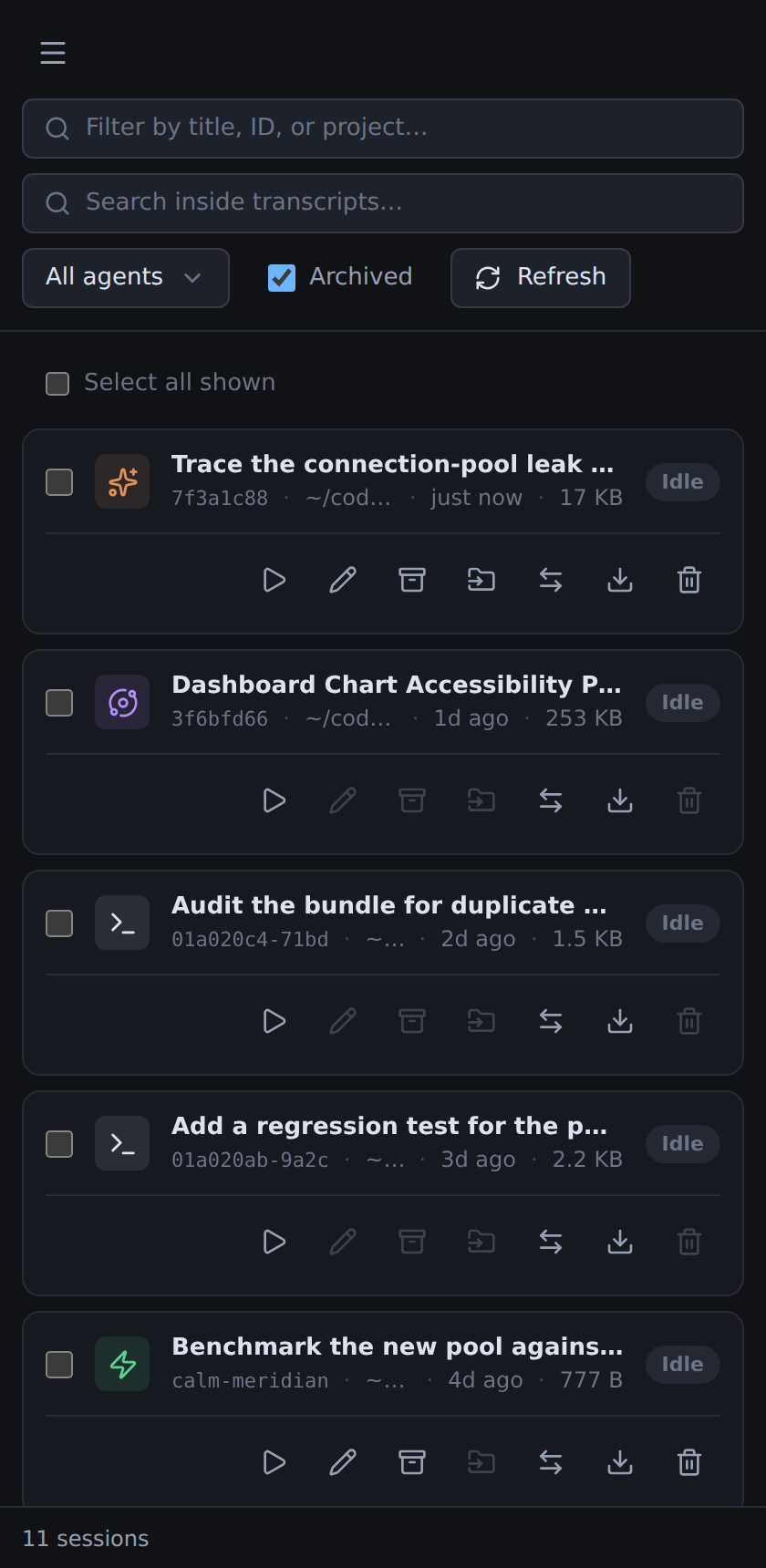 The asm web UI on a narrow phone-sized viewport, with the session list filling the screen.