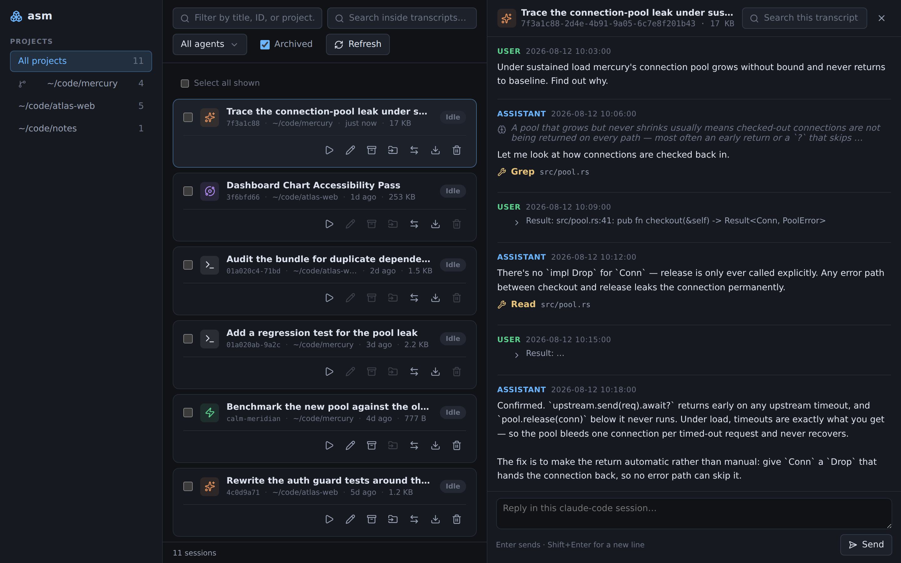 The asm web UI: a list of sessions from five agents on the left, and an open transcript on the right showing reasoning, tool calls and results.