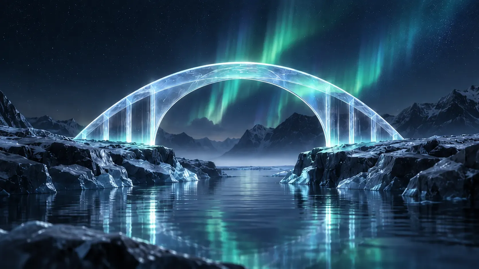 A bridge of glass arching between two icy shores under a green aurora